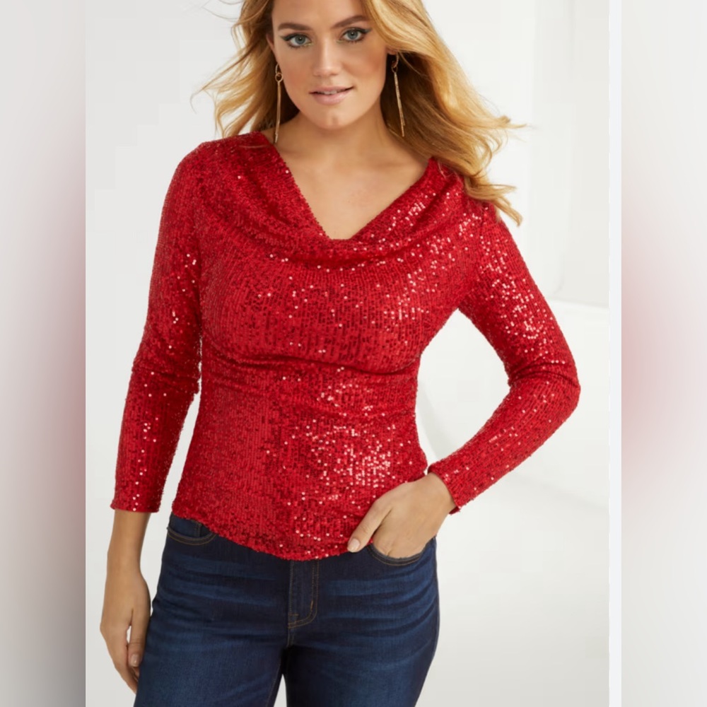 New York & Company Sequin Draped-Front Top
Size: LARGE
Color: COCO RED -NEW
